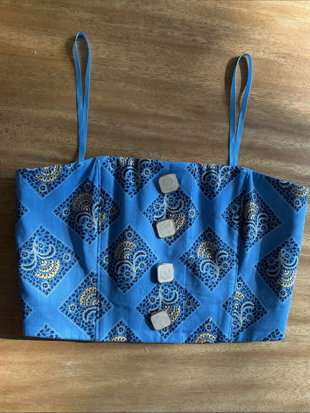 Veronica Beard Blue Patterned Strapless Crop Top